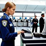 **An airport security checkpoint scene:** Focus on a modern airport setting with a well-trained security assistant expertly operating advanced scanning technology to identify potential threats in luggage. The scene should emphasize the blend of human expertise and cutting-edge technology in ensuring air passenger safety. Include subtle details like airline logos and diverse passengers in the background.
