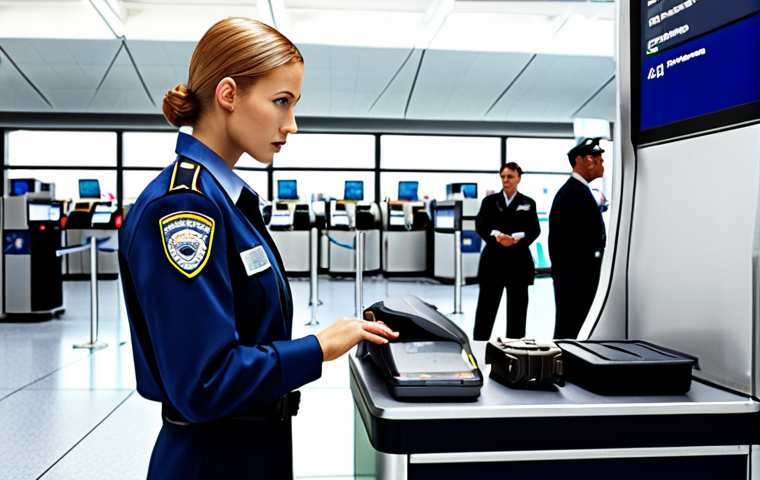**An airport security checkpoint scene:** Focus on a modern airport setting with a well-trained security assistant expertly operating advanced scanning technology to identify potential threats in luggage. The scene should emphasize the blend of human expertise and cutting-edge technology in ensuring air passenger safety. Include subtle details like airline logos and diverse passengers in the background.