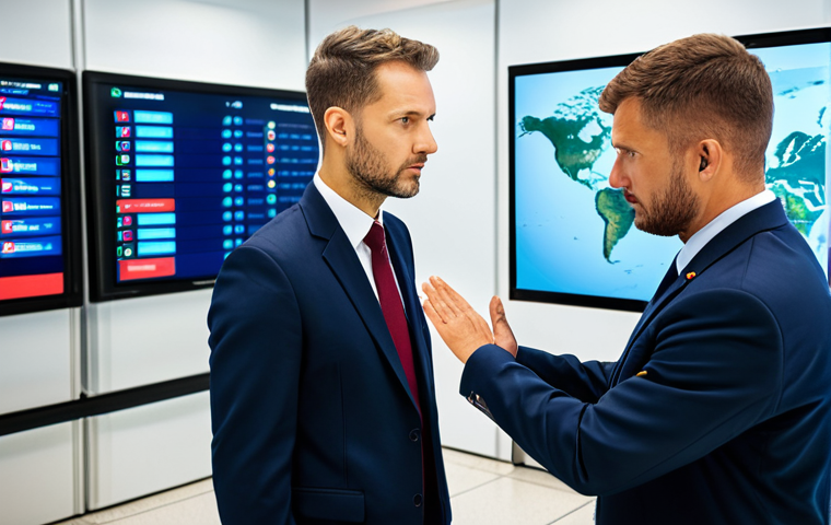 A highly competent, professional adult male aviation security manager, wearing a sharp, modest business suit and tie, stands confidently in a modern airport security operations center. He is observing multiple large digital screens displaying live feeds of passenger flows and advanced baggage scanning. His expression is focused and determined, conveying a sense of calm leadership and diligent oversight. The background shows other team members working attentively, all fully clothed in professional uniforms, highlighting the critical role of human expertise in managing complex security systems. professional photography, high detail, sharp focus, vibrant colors, realistic lighting, perfect anatomy, correct proportions, natural pose, well-formed hands, proper finger count, natural body proportions, safe for work, appropriate content, fully clothed, professional dress, modest clothing, family-friendly.
