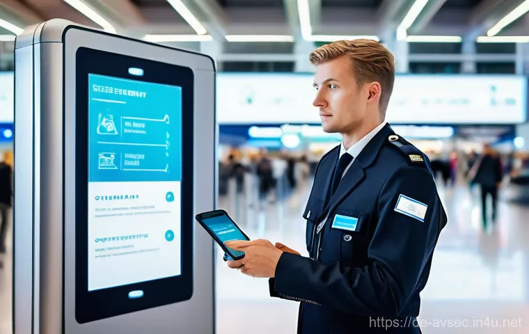 항공보안관리사와 보안관리 시스템 활용 - **Prompt 2: Future Tech in Airport Security**
    "A sterile, ultra-modern airport security lane bat...