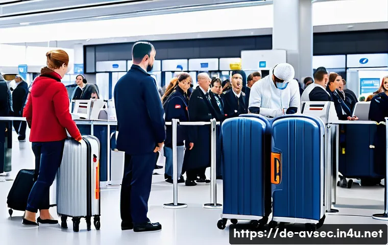 항공보안관리사와 공항 운영 지원 - A busy airport security checkpoint in Germany featuring professional security officers using advance...