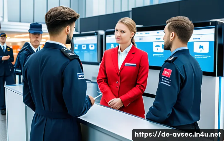 항공보안관리사와 보안 장비 유지보수 - A modern airport security checkpoint scene in Germany, showing a diverse group of professional secur...