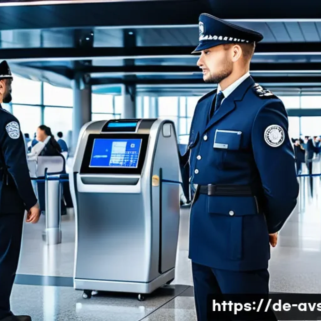 항공보안관리사 직무의 미래 전망 - A modern airport security checkpoint scene featuring a diverse group of security officers using adva...