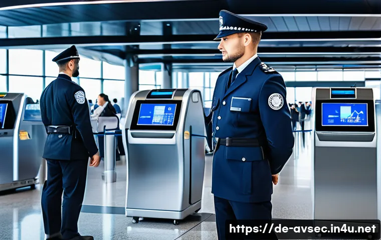 항공보안관리사 직무의 미래 전망 - A modern airport security checkpoint scene featuring a diverse group of security officers using adva...