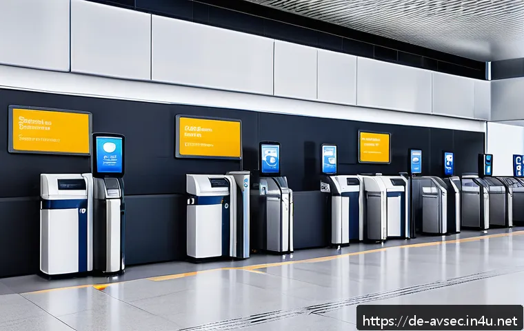 항공보안관리사 자격증 해외 활용 사례 - A modern international airport security checkpoint in Europe, showcasing high-tech biometric identif...