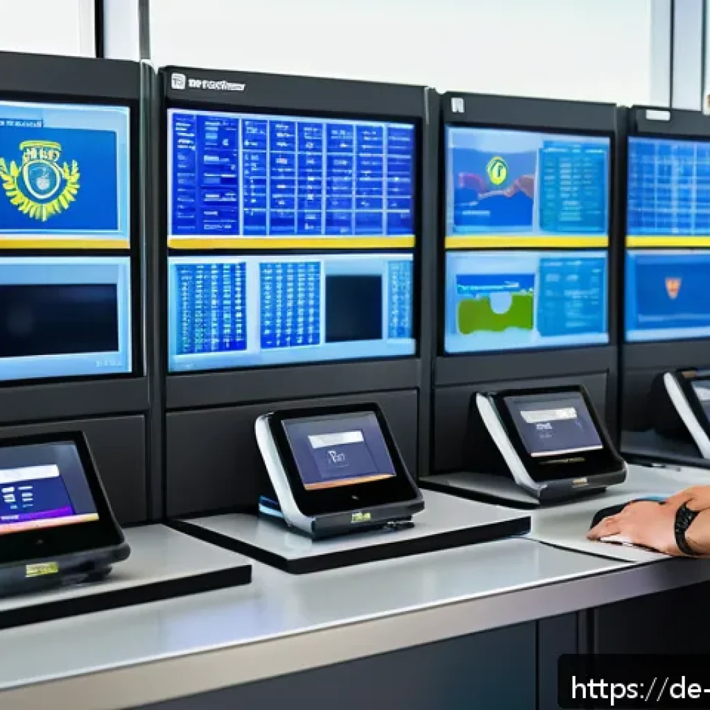 항공보안관리사 실무 강의 추천 - A highly detailed airport security control room scene set in a modern German airport, showing divers...