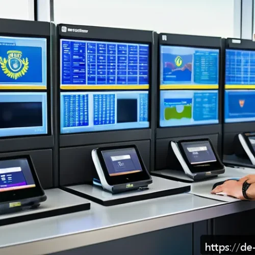 항공보안관리사 실무 강의 추천 - A highly detailed airport security control room scene set in a modern German airport, showing divers...