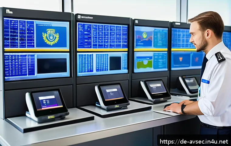 항공보안관리사 실무 강의 추천 - A highly detailed airport security control room scene set in a modern German airport, showing divers...