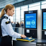 항공보안관리사 이직 성공 후기 - A professional airport security officer in uniform, attentively monitoring multiple high-tech securi...