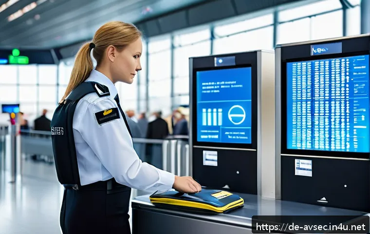 항공보안관리사 이직 성공 후기 - A professional airport security officer in uniform, attentively monitoring multiple high-tech securi...