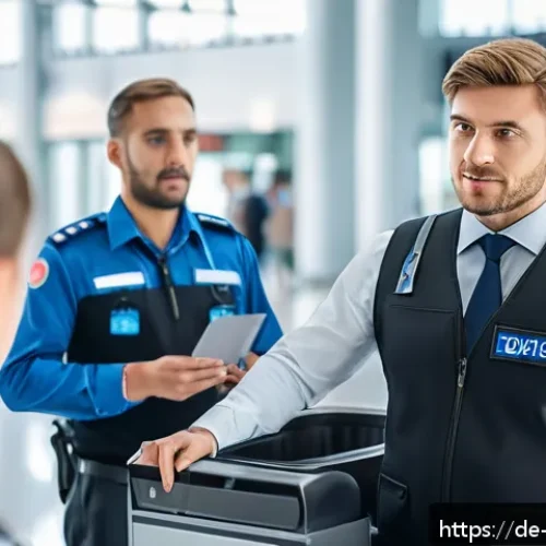 항공보안관리사 직무 인터뷰 사례 - A confident male airport security officer in professional uniform standing in a modern airport termi...