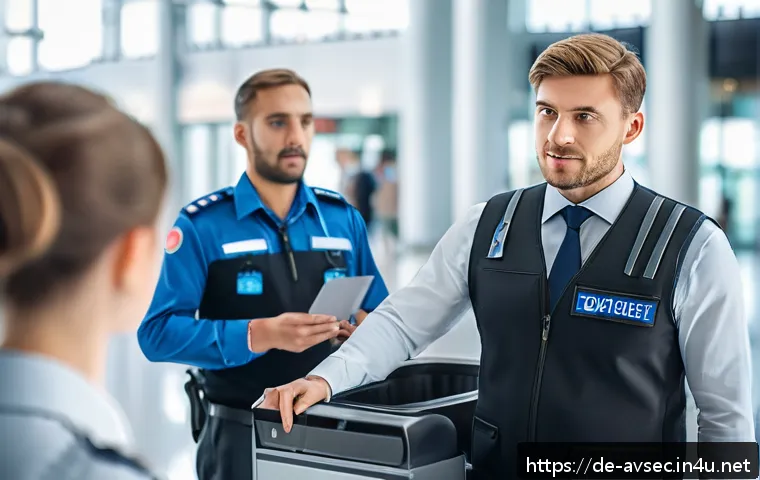 항공보안관리사 직무 인터뷰 사례 - A confident male airport security officer in professional uniform standing in a modern airport termi...