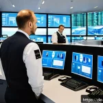 항공보안관리사 관련 법적 책임 - A professional German airport security manager in a modern control room, surrounded by multiple scre...