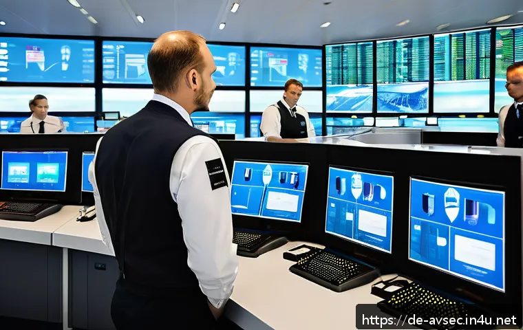 항공보안관리사 관련 법적 책임 - A professional German airport security manager in a modern control room, surrounded by multiple scre...