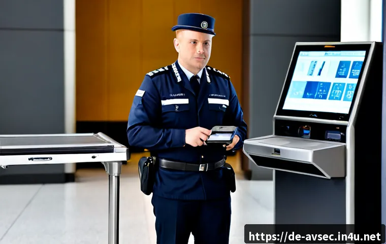 Home 17 항공보안관리사 보안 스캐닝 실무 - Photorealistic airport security screening checkpoint in a modern German airport, uniformed aviation ...